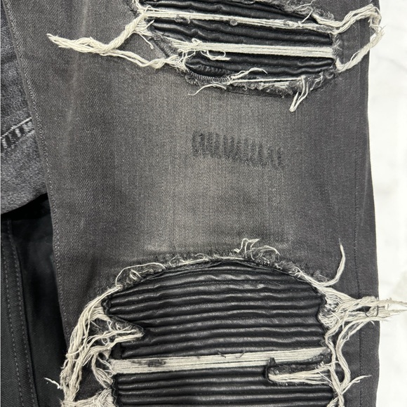 Amiri Mens Gray Distressed Leather Slasher Denim - Picture 3 of 5